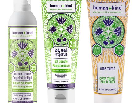 Shower Mousse and Body Wash and Souffle Cream Kit by Human+Kind for Unisex - 3 Pc Kit 6.76oz Shower Mousse Bodywash - Grapefruit Delight, 8.45oz Body Wash - Grapefruit, 6.76oz Body Souffle Cream - Tube Hot on Sale