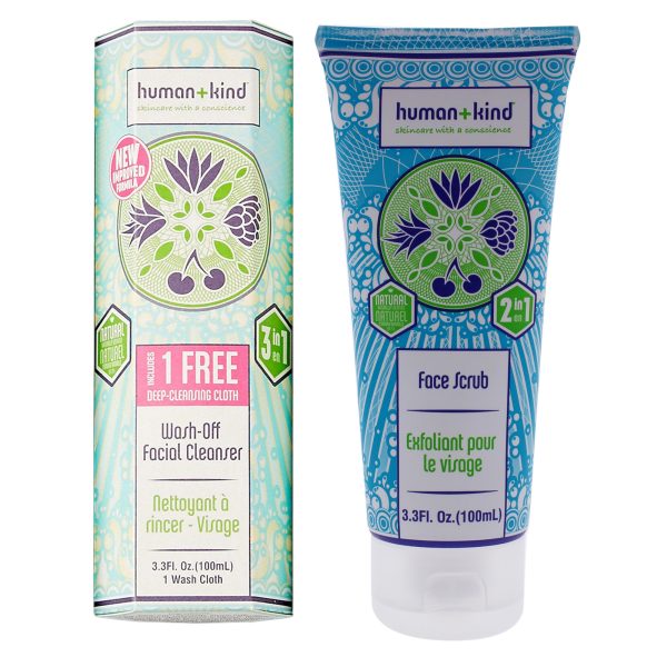 Wash-Off Facial Cleanser and Face Scrub Kit by Human+Kind for Unisex - 2 Pc Kit 3.38oz Cleanser, 3.3oz Scrub For Discount